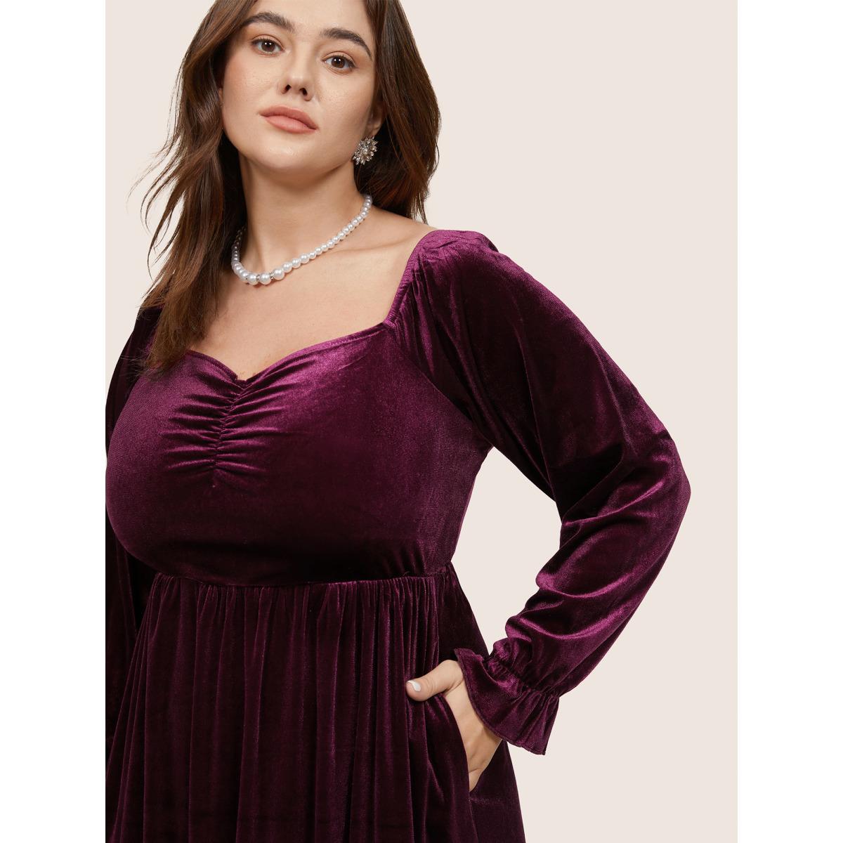 Plus Size Square Neck Velvet Elastic Waist Gathered Dress Scarlet Women Glamour Velvet Square Neck Long Sleeve Curvy Midi Dress BloomChic 14-16/1X Product Image