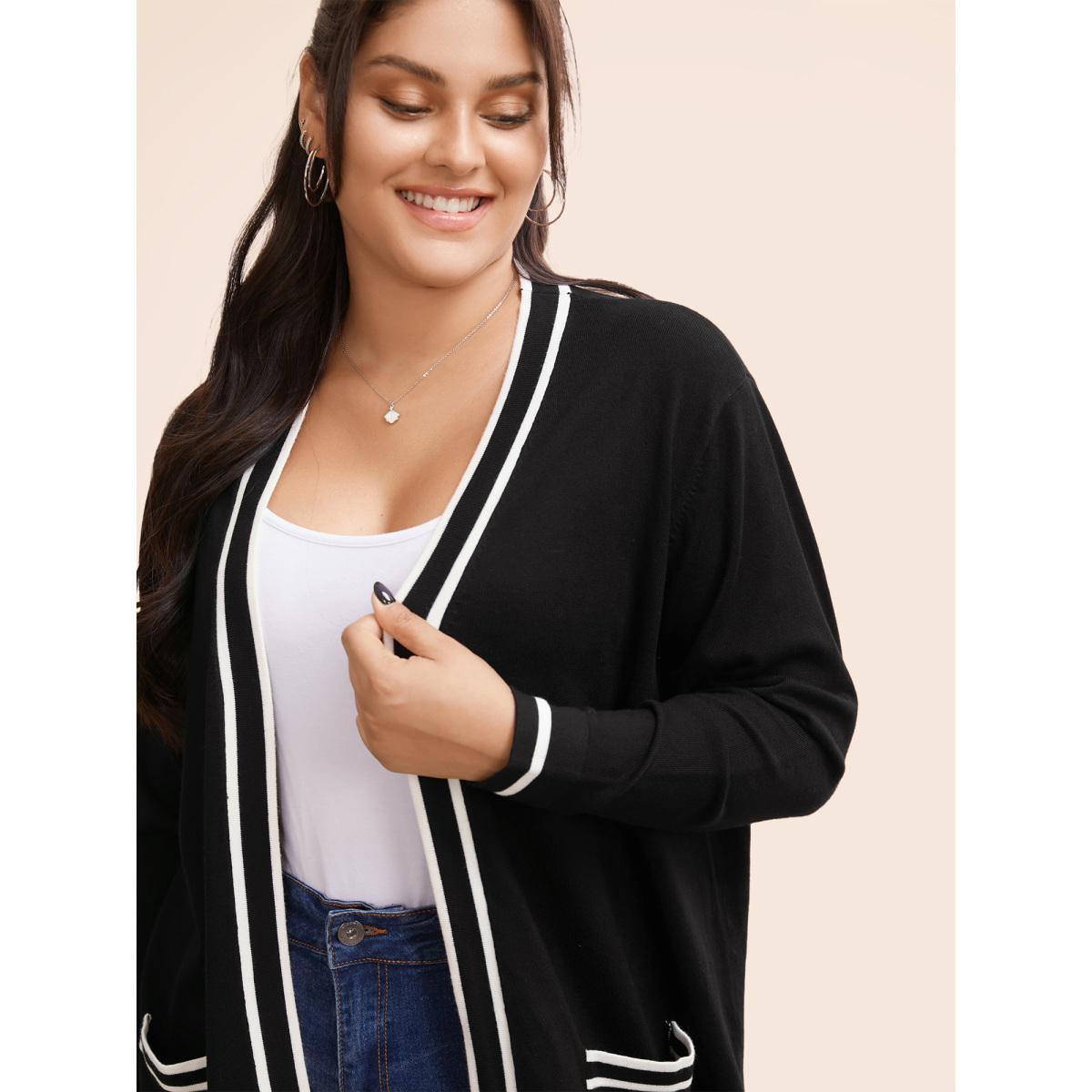 Plus Size Supersoft Essentials Striped Patchwork Pocket Open Front Cardigan Black Women Casual Loose Long Sleeve Everyday Cardigans BloomChic 12/L Product Image