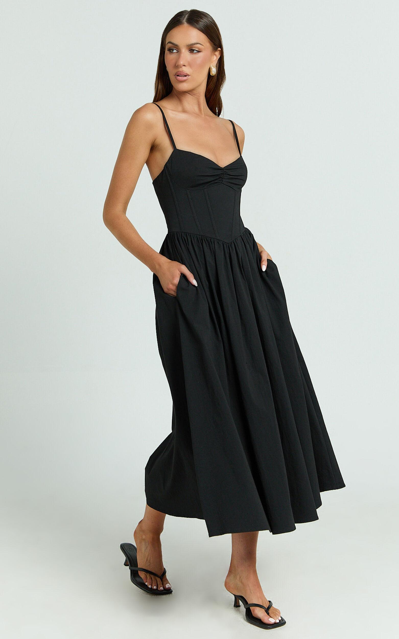 Maddie Midi Dress - Sweetheart Fit And Flare Gathered Dress in Black Product Image