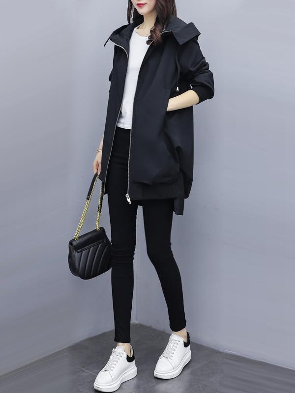 Casual Loose 4 Colors Pleated Zipper Hooded Long Sleeves Outwear Product Image