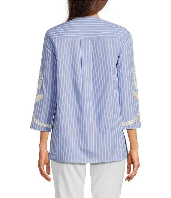 Calessa Petite Size Embroidered Patchwork Pinstripe Split V-Neck 3/4 Sleeve Tunic Product Image