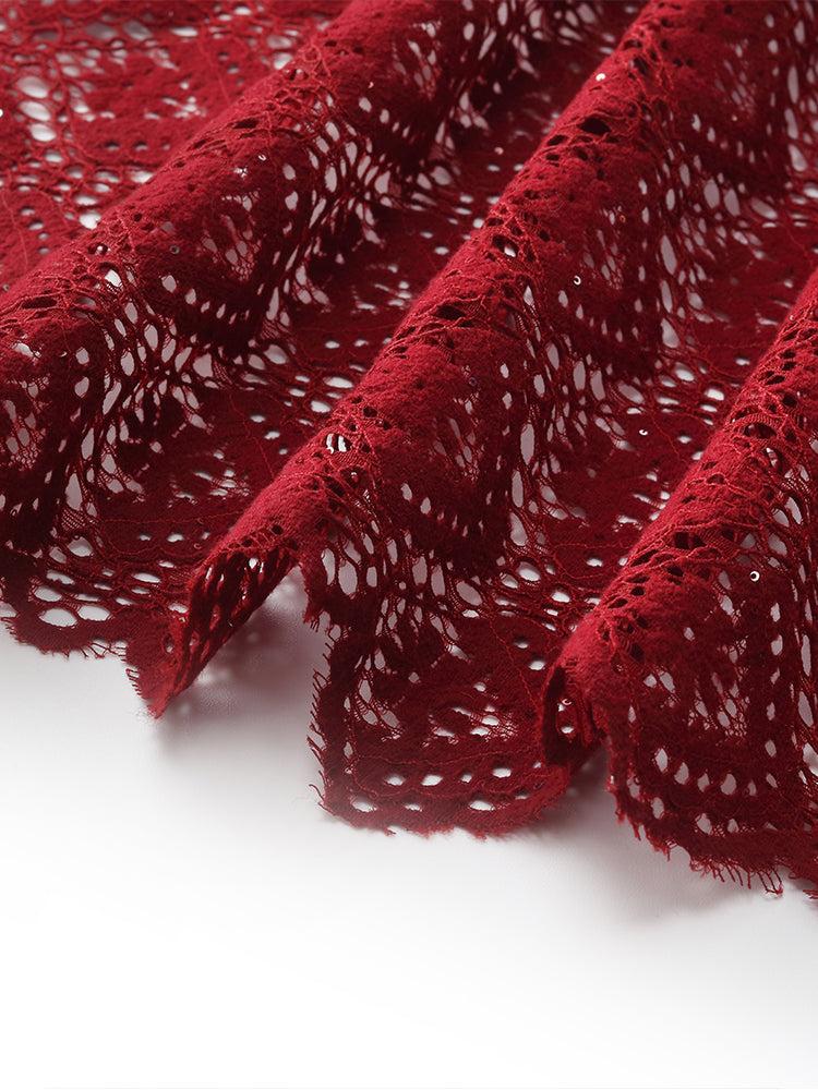 Lace Openwork Gathered Waist Women Tiered Maxi Dress With Scrunchie Product Image