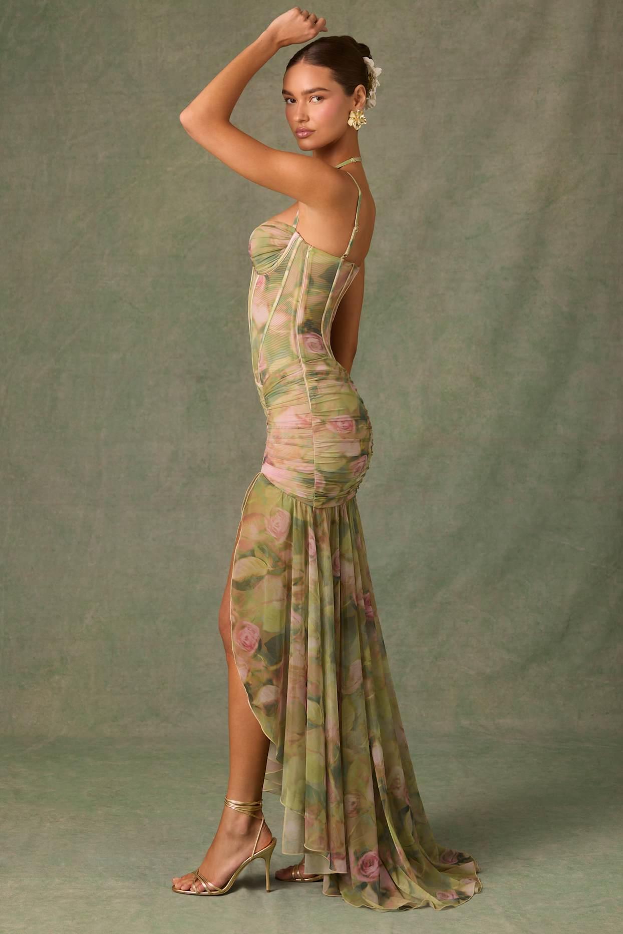 Ruched Asymmetric Corset Gown in Floral Multi Print Product Image