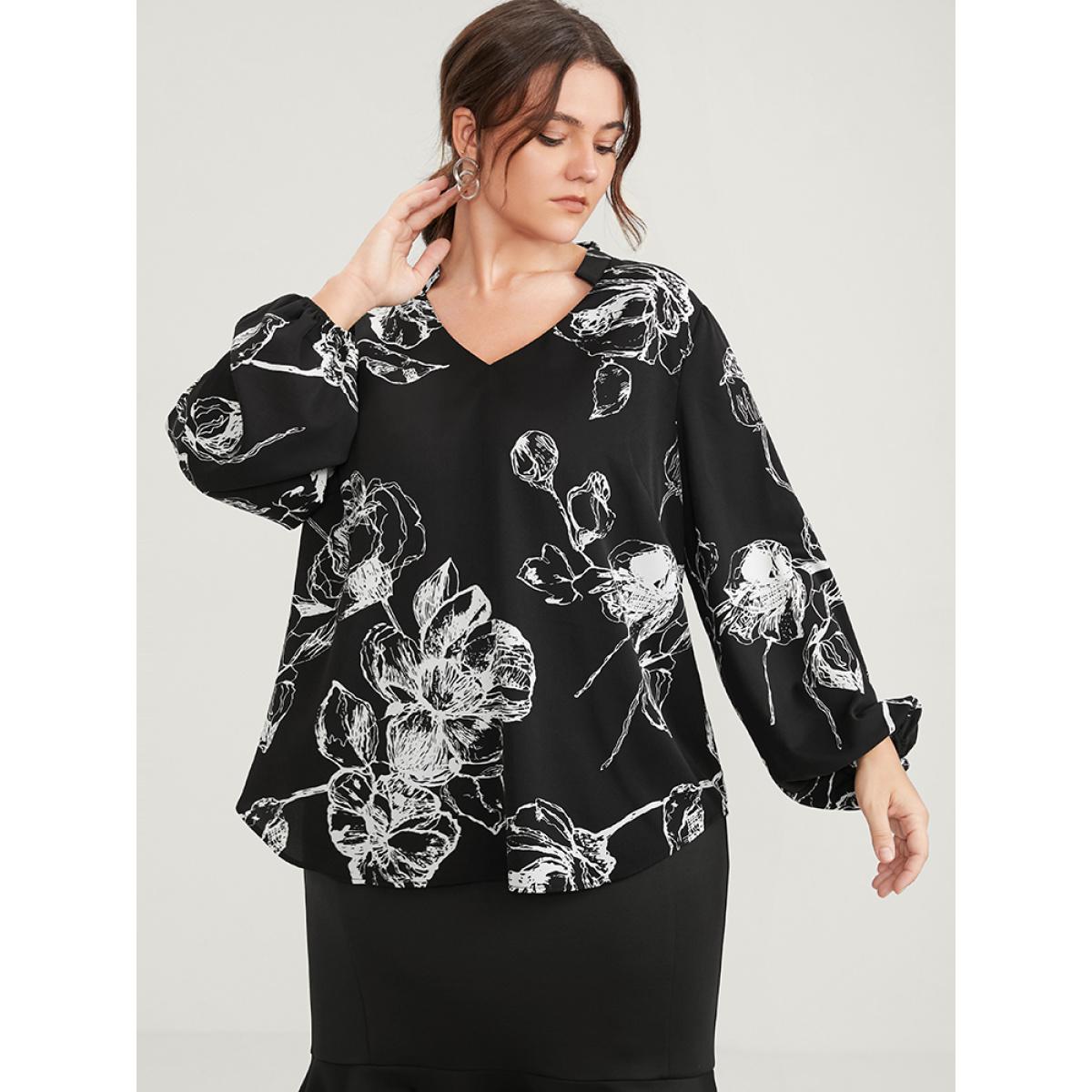 Plus Size Black Floral Printed Lantern Sleeve V Neck Blouse Women Office Long Sleeve V-neck Work Blouses BloomChic 22-24/3X Product Image
