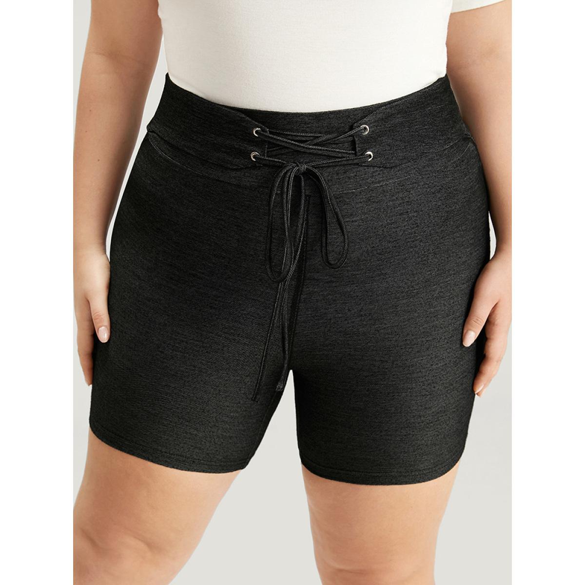 Plus Size Solid High Rise Ties Very Stretchy Leggings Women Black Casual High stretch Skinny High Rise Dailywear Leggings BloomChic 12/L Product Image