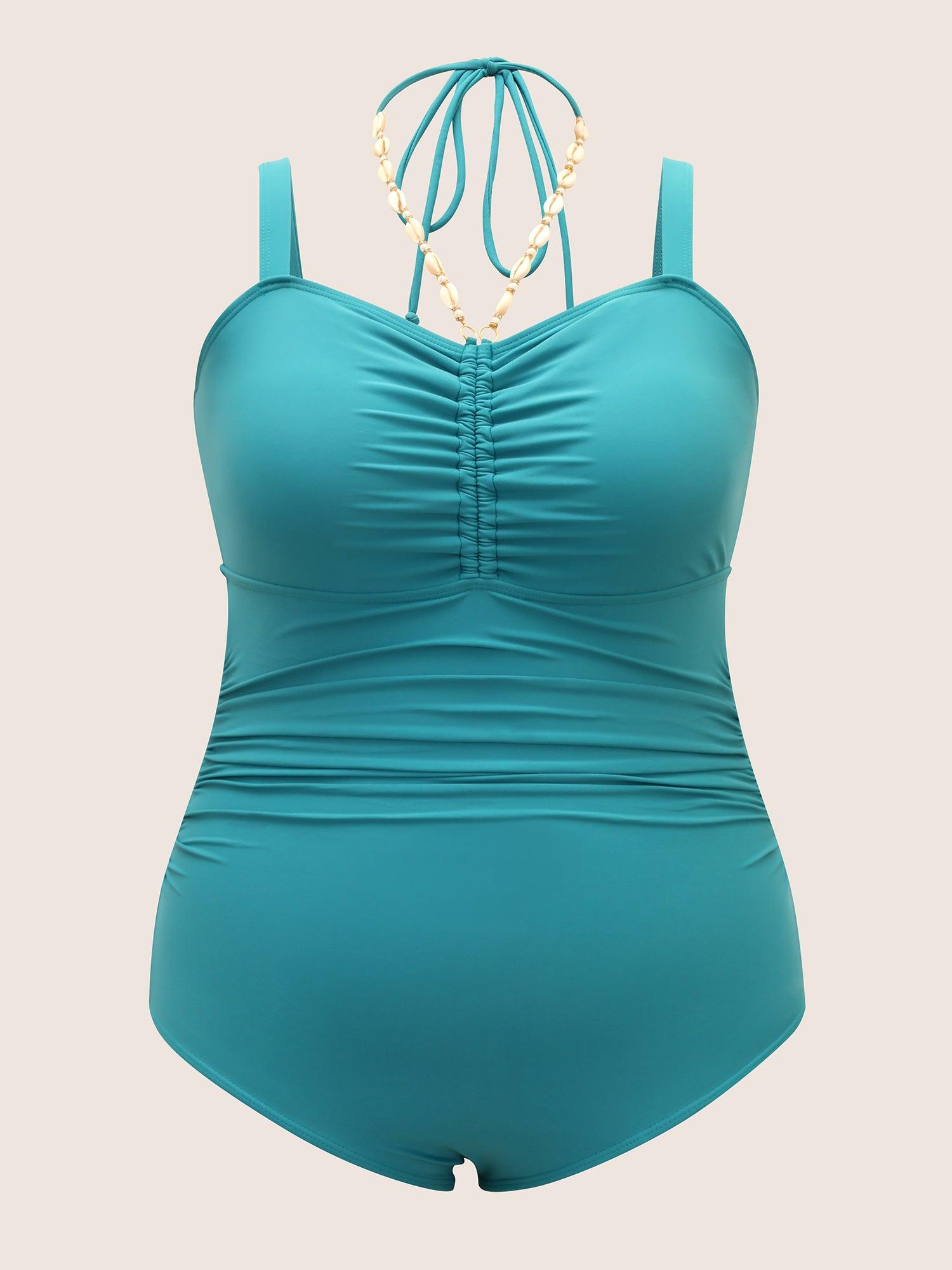 Solid Ruched Shell Chain Detail One Piece Swimsuit Female Product Image