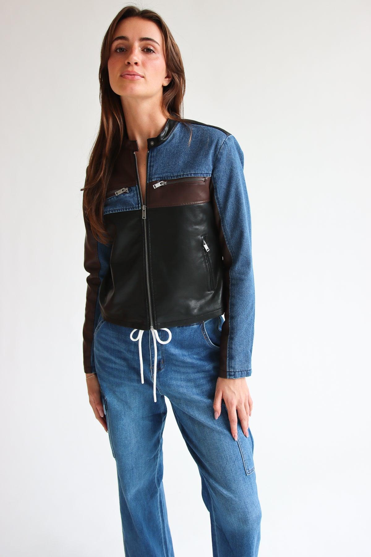 Pleather & Denim Color Block Moto Jacket Product Image