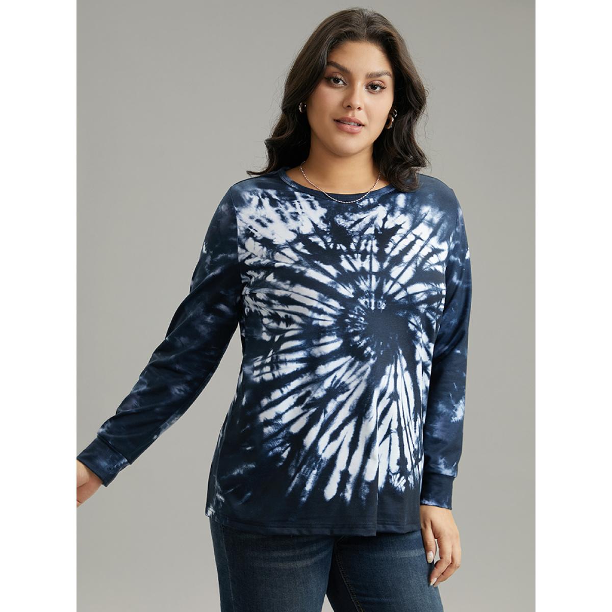 Plus Size Tie Dye Long Sleeve Crew Neck Sweatshirt Women DarkBlue Casual Printed Round Neck Dailywear Sweatshirts BloomChic 12/L Product Image