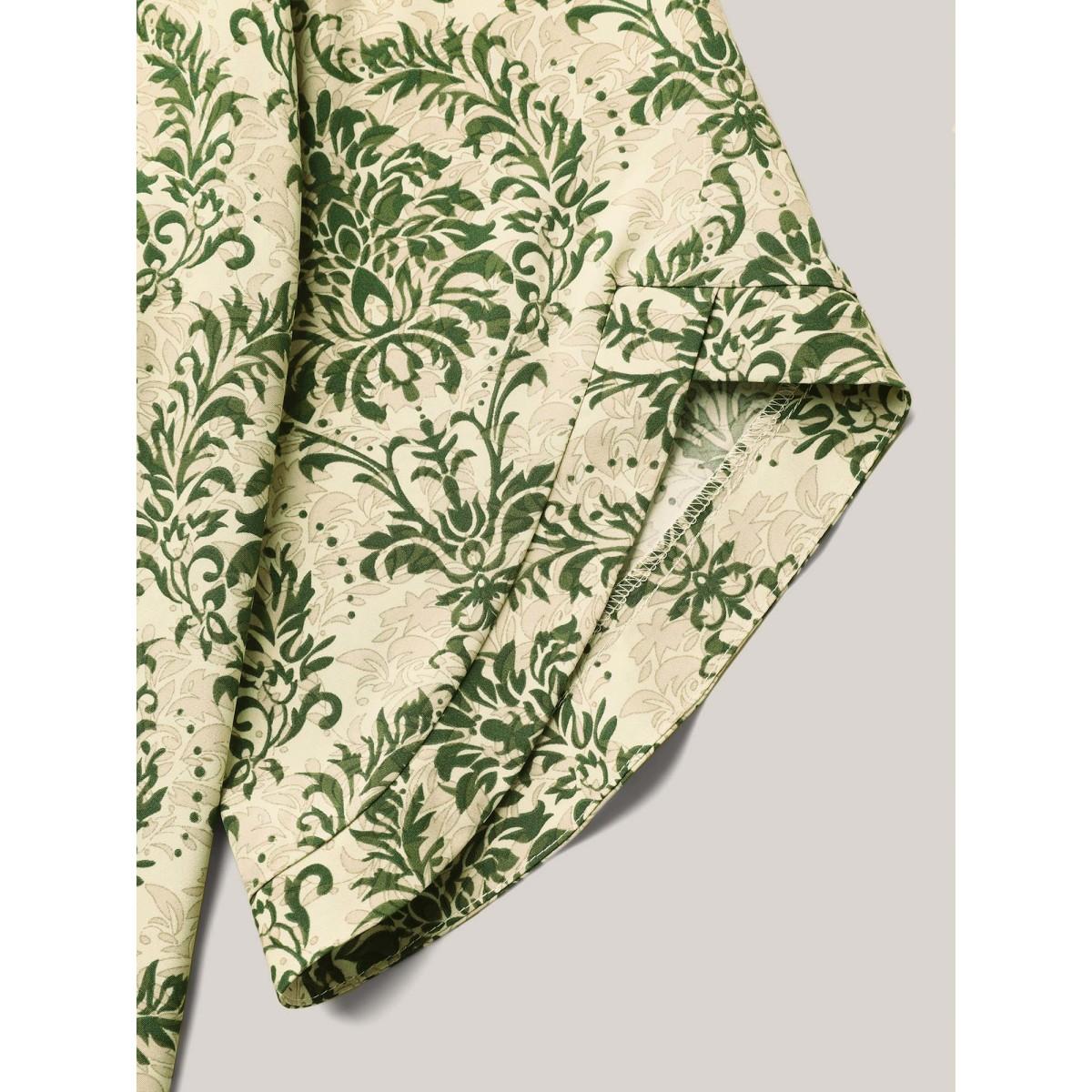 Plus Size Moss Damask Print Flared Sleeve V-Neck Shirt Women Boho Elbow-length sleeve V-neck Vacation Blouses BloomChic 12/L Product Image