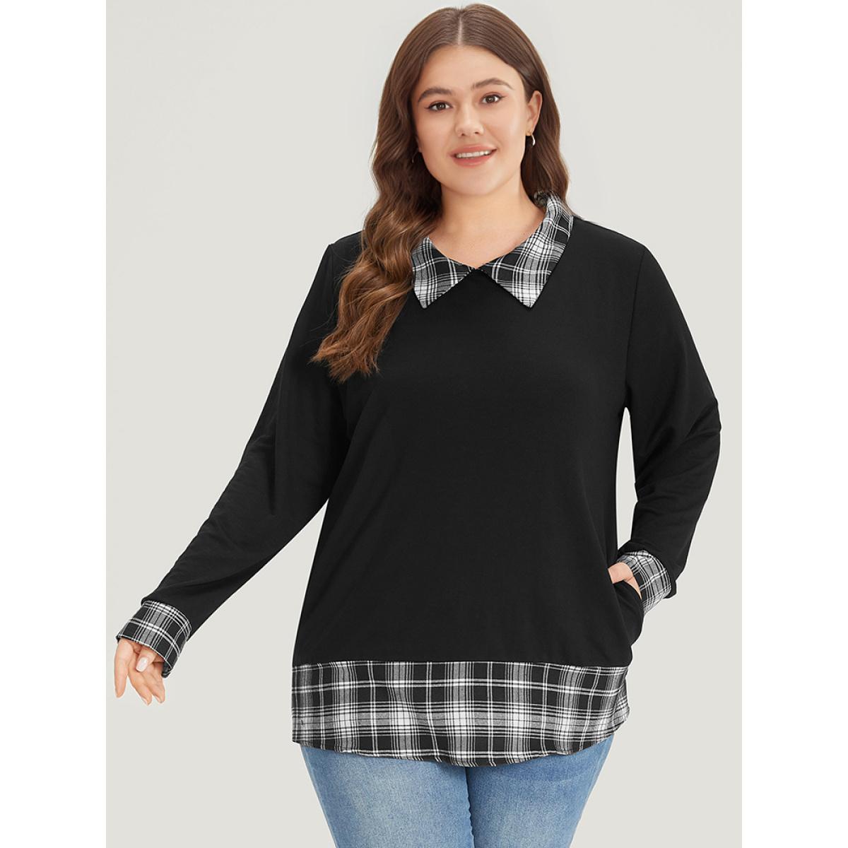 Plus Size Plaid Patchwork Shirt Collar Arc Hem Sweatshirt Women Black Casual Patchwork Polo Dailywear Sweatshirts BloomChic 28/5X Product Image