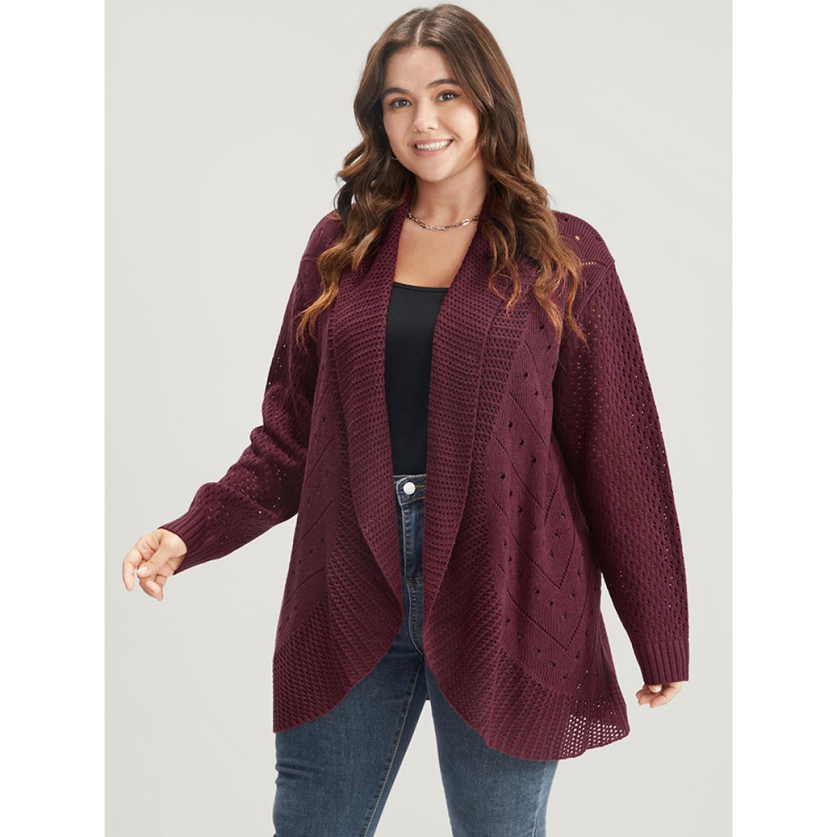 Plus Size Solid Pointelle Knit Lapel Collar Geometric Crochet Open Front Cardigan Burgundy Women Elegant Loose Long Sleeve Dailywear Cardigans BloomChic 12/L Product Image