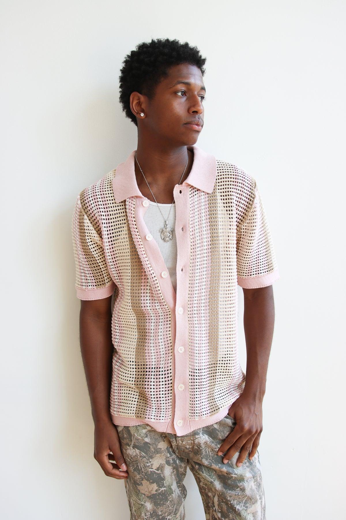 Striped Knit Mesh Button Up Shirt Product Image