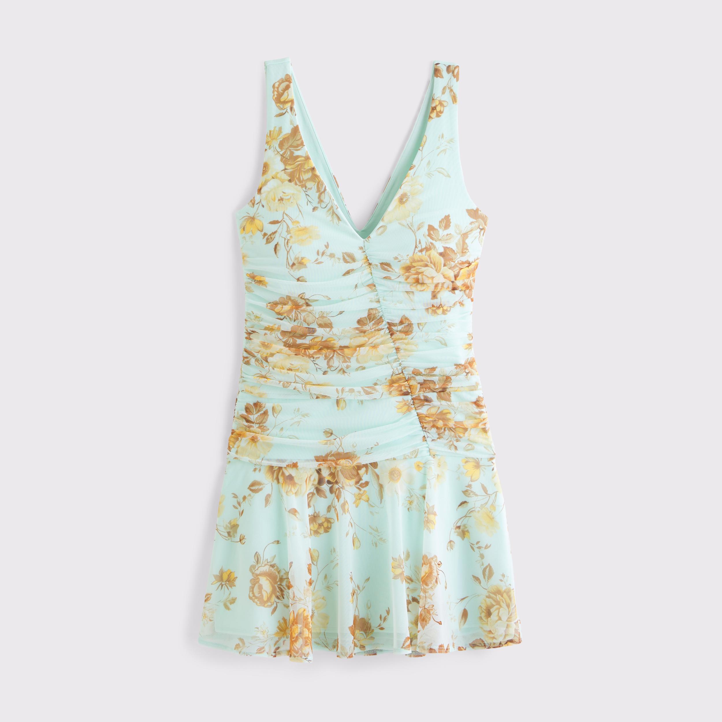 Bra-Free V-Neck Ruched Mesh Mini Dress Product Image