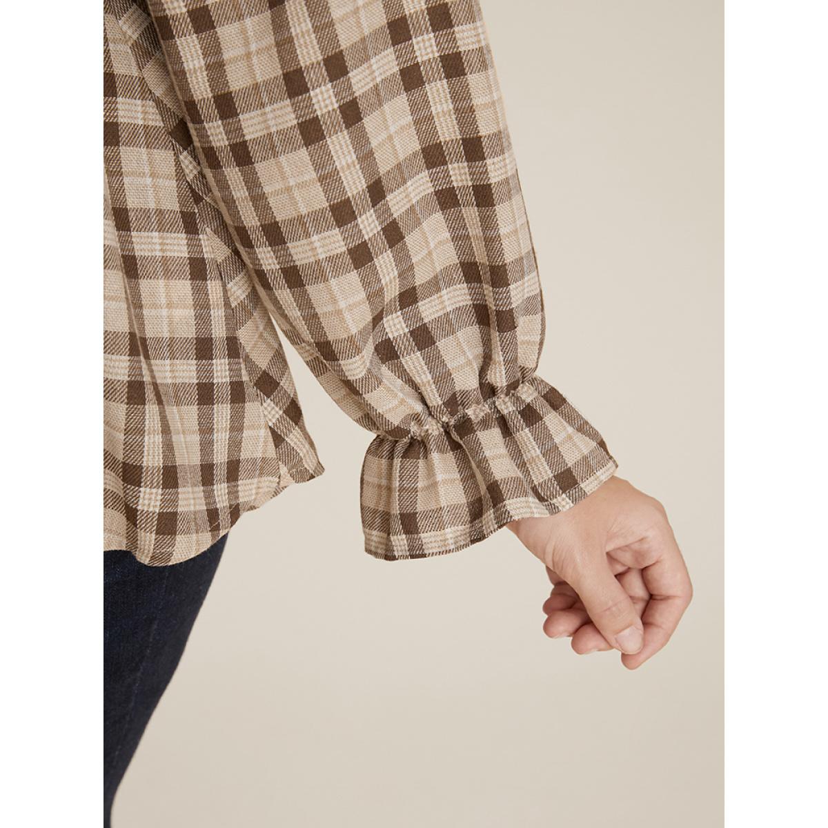 Plus Size LightBrown Plaid Lantern Sleeve Surplice Neck Blouse Women Elegant Long Sleeve V-neck Dailywear Blouses BloomChic 10/M Product Image