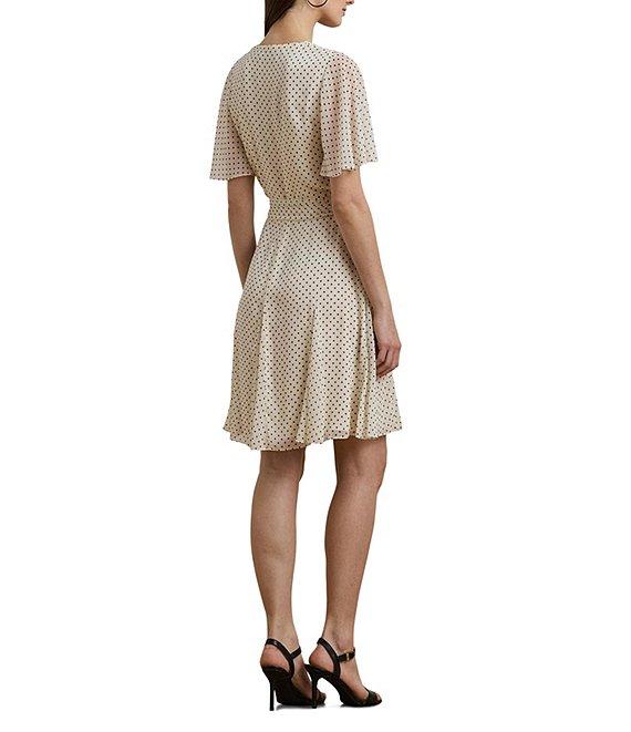 Lauren Ralph Lauren Georgette Dotted Print V Neck Short Sleeve Belted Wrap Mini Dress Product Image