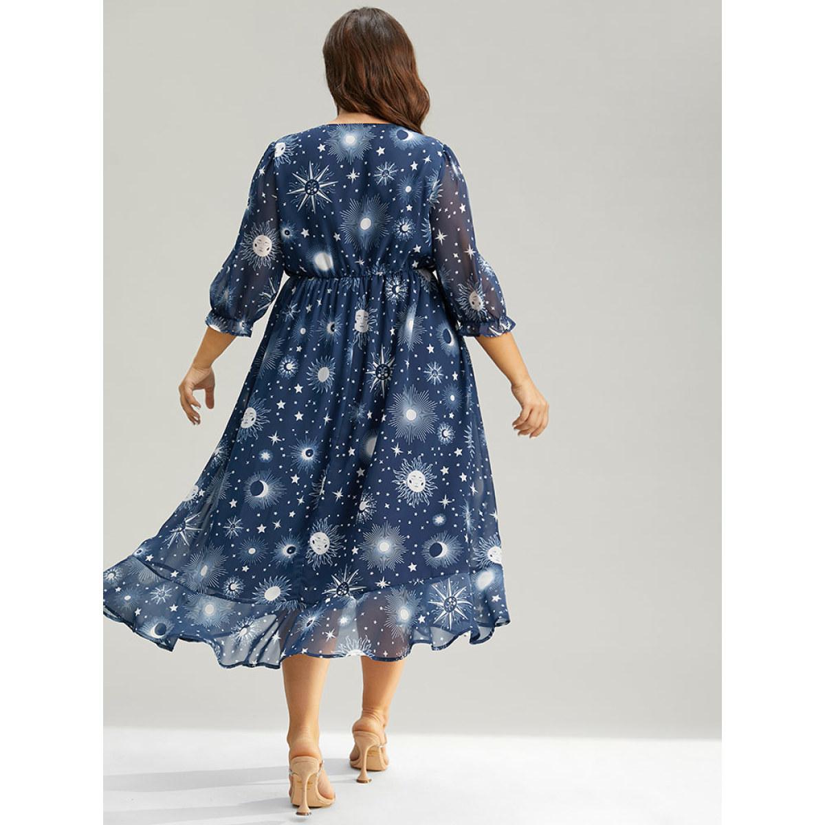 Plus Size Christmas Moon & Star Ruffles Mesh Wrap Dress Cyan Women Party Wrap Overlap Collar Elbow-length sleeve Curvy Midi Dress BloomChic 14-16/1X Product Image
