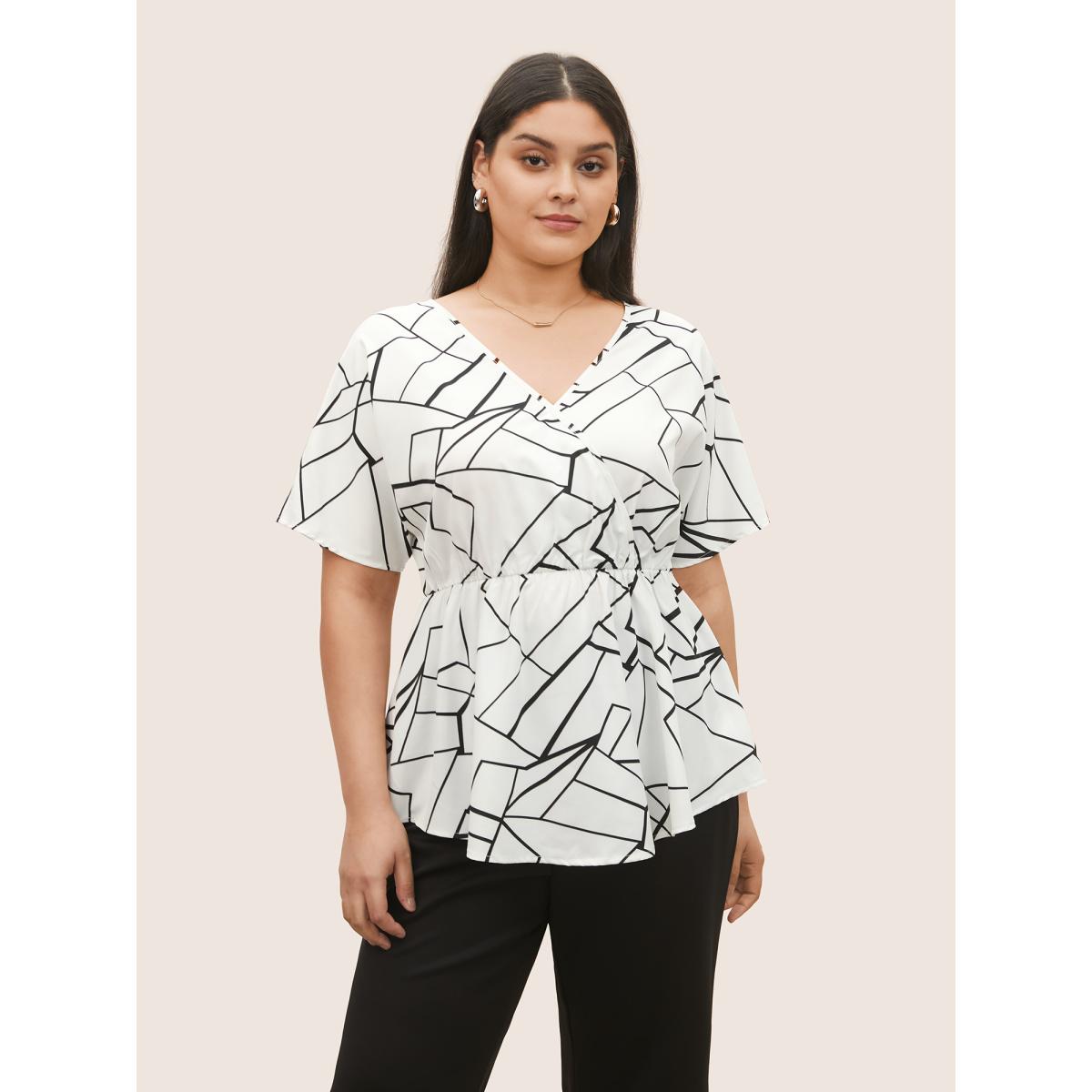 Plus Size Ivory Geometric Overlap Collar Ruffle Sleeve Blouse Women At the Office Short sleeve Overlap Collar Work Blouses BloomChic 12/L Product Image