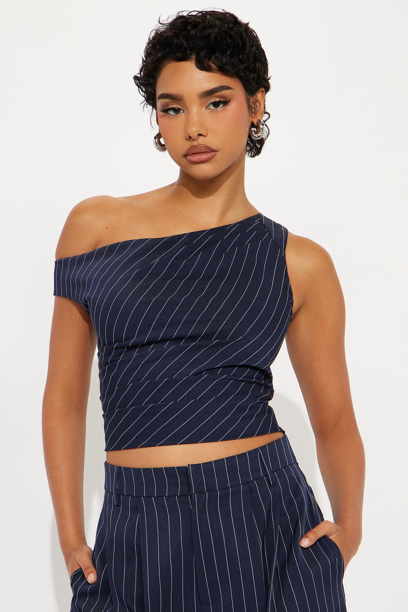 All Business Pinstripe One Shoulder Pant Set - Navy Female Product Image