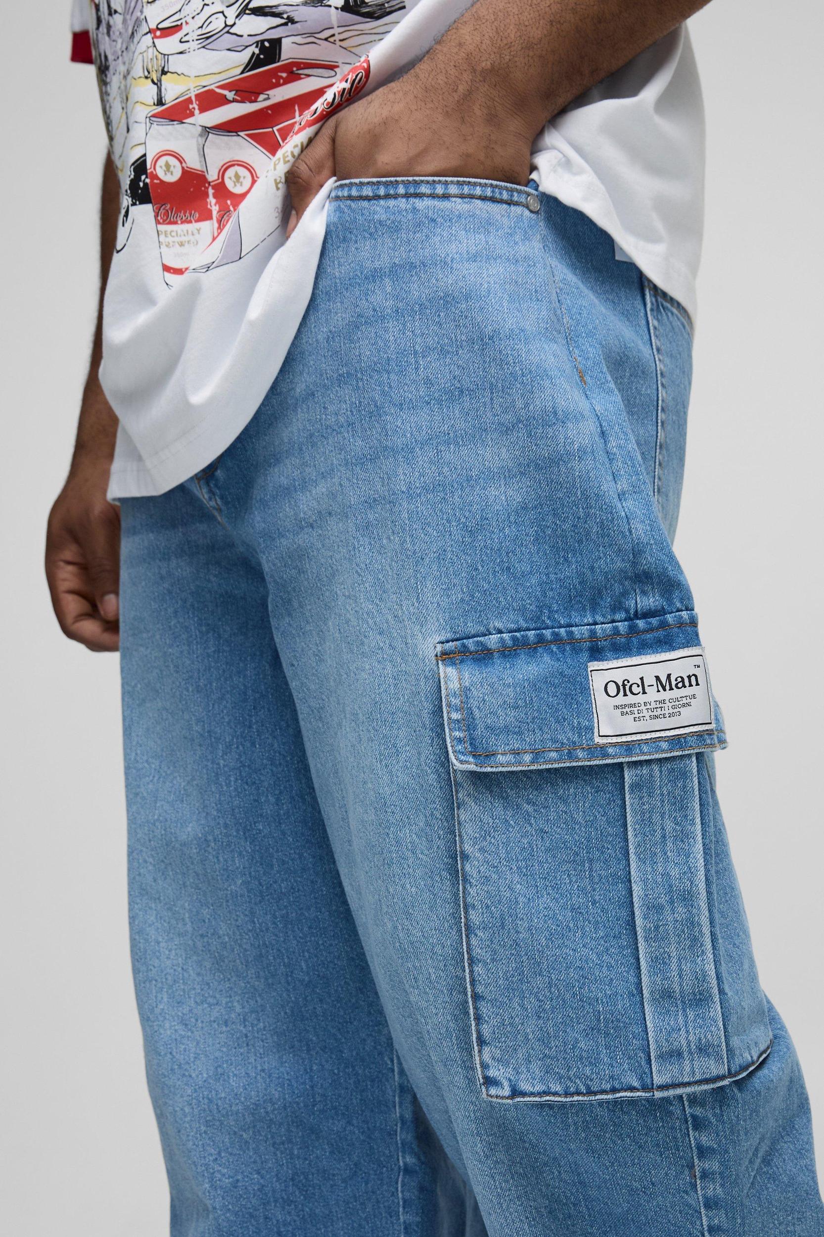Plus Relaxed Fit Woven Tab Cargo Jeans | boohooMAN USA Product Image