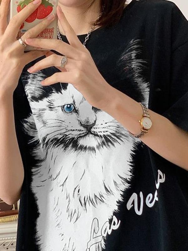 Kitty Print Oversized Short Sleeve Tee Product Image