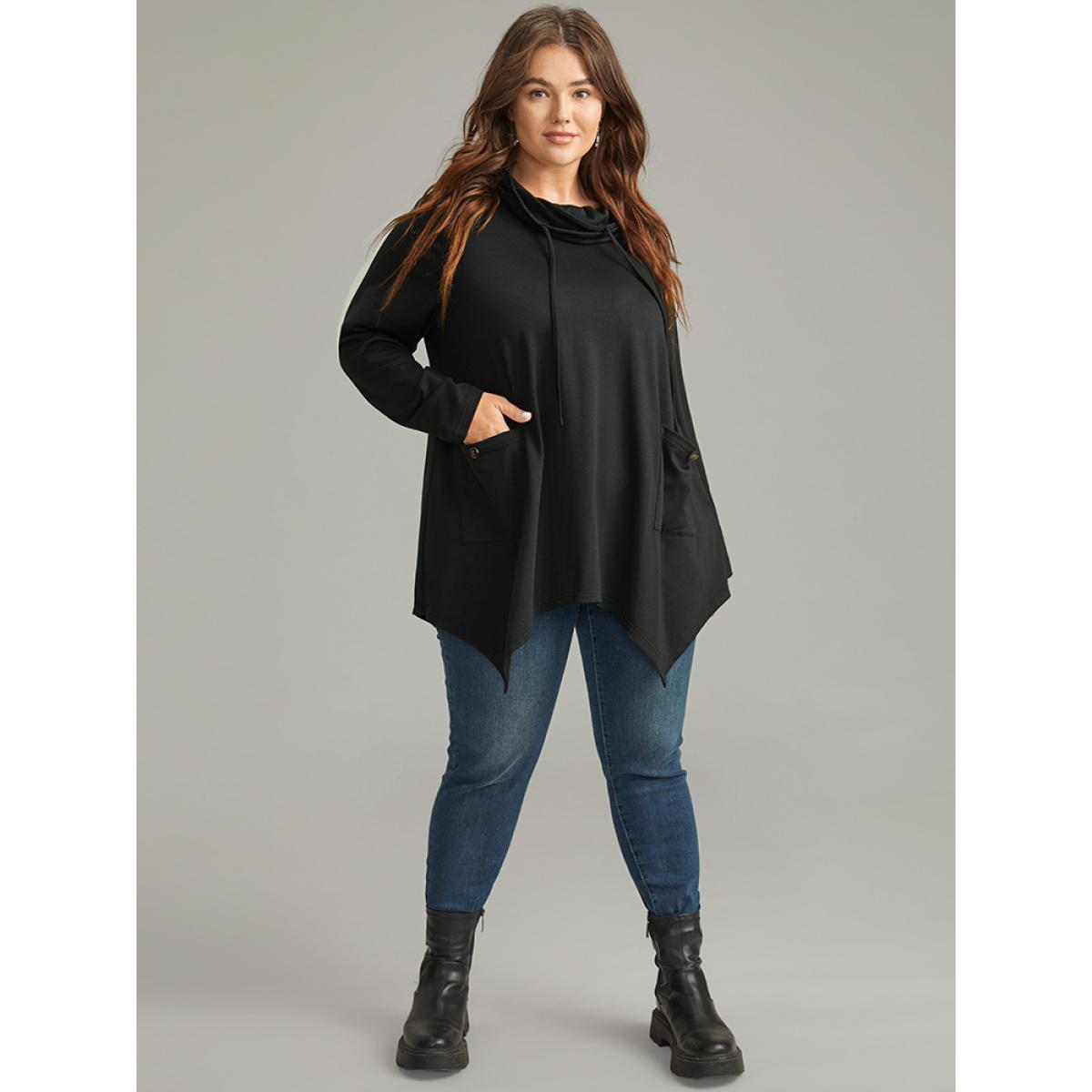 Plus Size Halloween Asymmetrical Pocket Lapel Collar Sweatshirt Women Black Casual Plain Lapel Collar Festival-Halloween Sweatshirts BloomChic 10/M Product Image