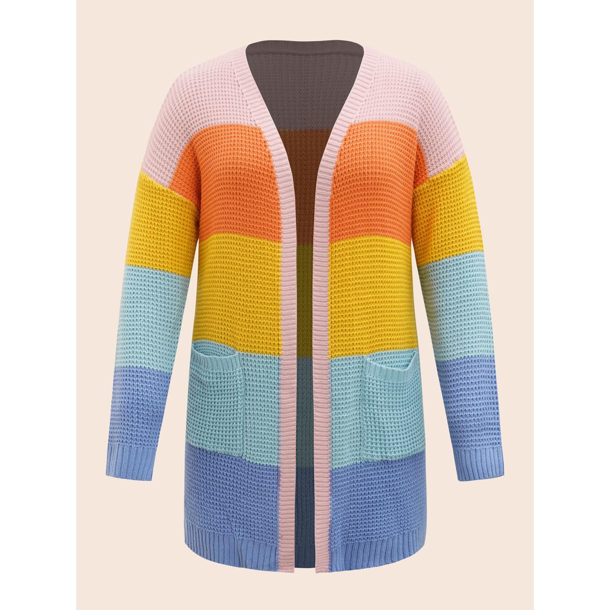 Plus Size Colorblock Contrast Drop Shoulder Pocket Cardigan Multicolor Women Casual Loose Long Sleeve Everyday Cardigans BloomChic 26/4X Product Image