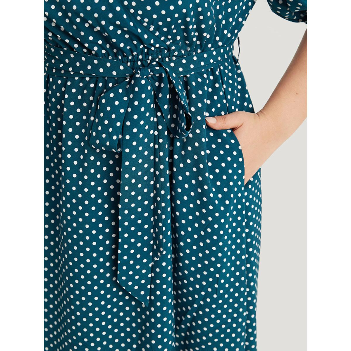 Plus Size Polka Dot Belted Lantern Sleeve Surplice Neck Dress Aegean Women Office Elastic cuffs V-neck Short sleeve Curvy Midi Dress BloomChic 14-16/1X Product Image