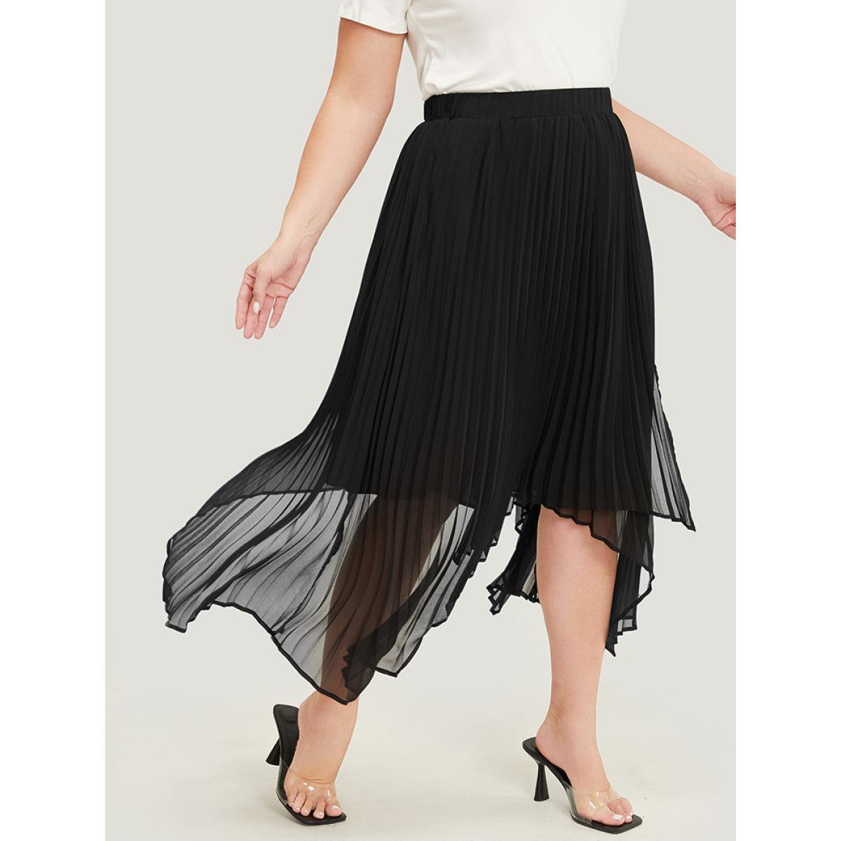 Plus Size Solid Mesh Pleated Detail Hanky Hem Skirt Women Black Elegant See through No stretch Dailywear Skirts BloomChic 18-20/2X Product Image