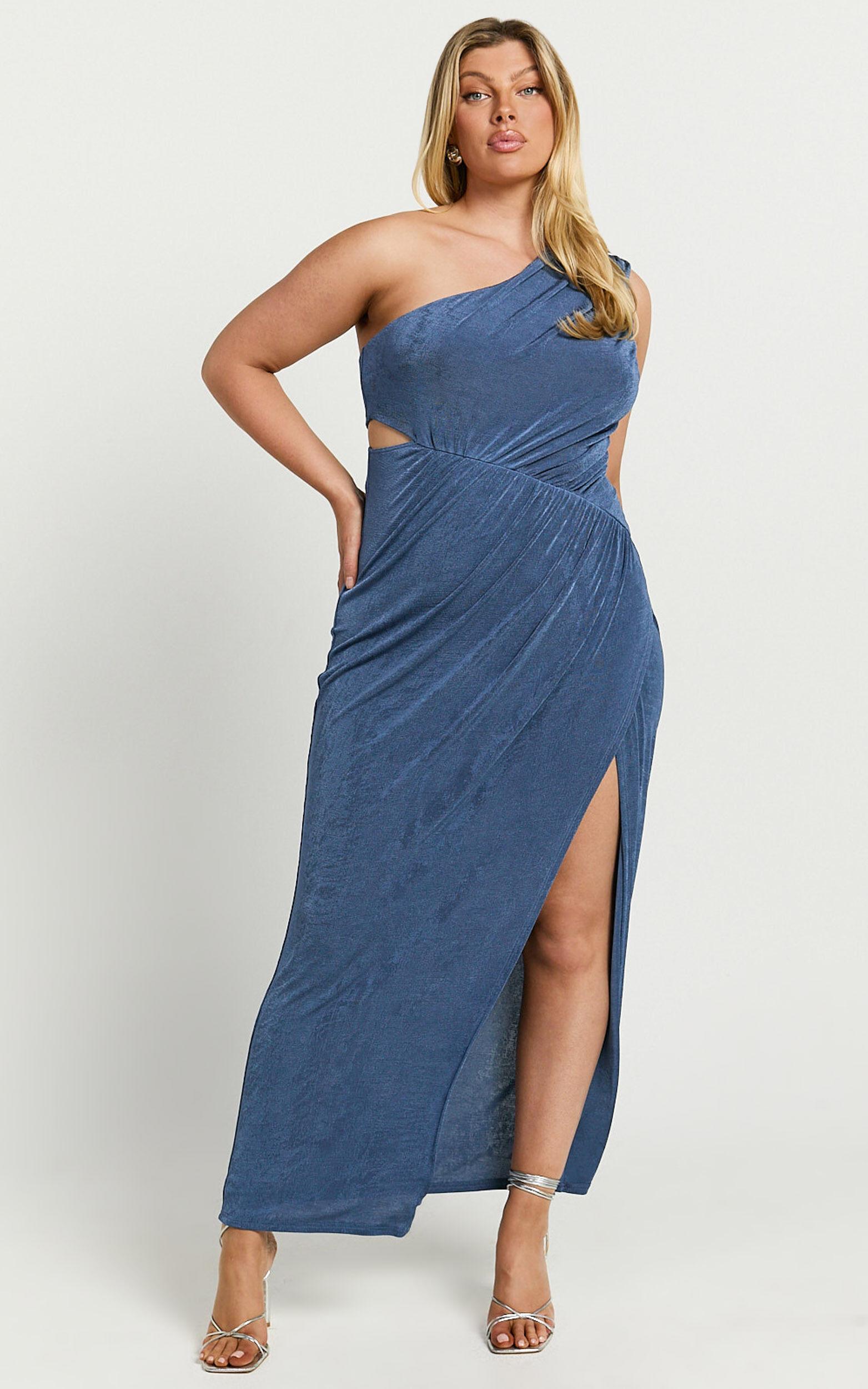 Cristle Midi Dress - One Shoulder Side Cut Out Thigh Split Dress in Steel Blue Product Image