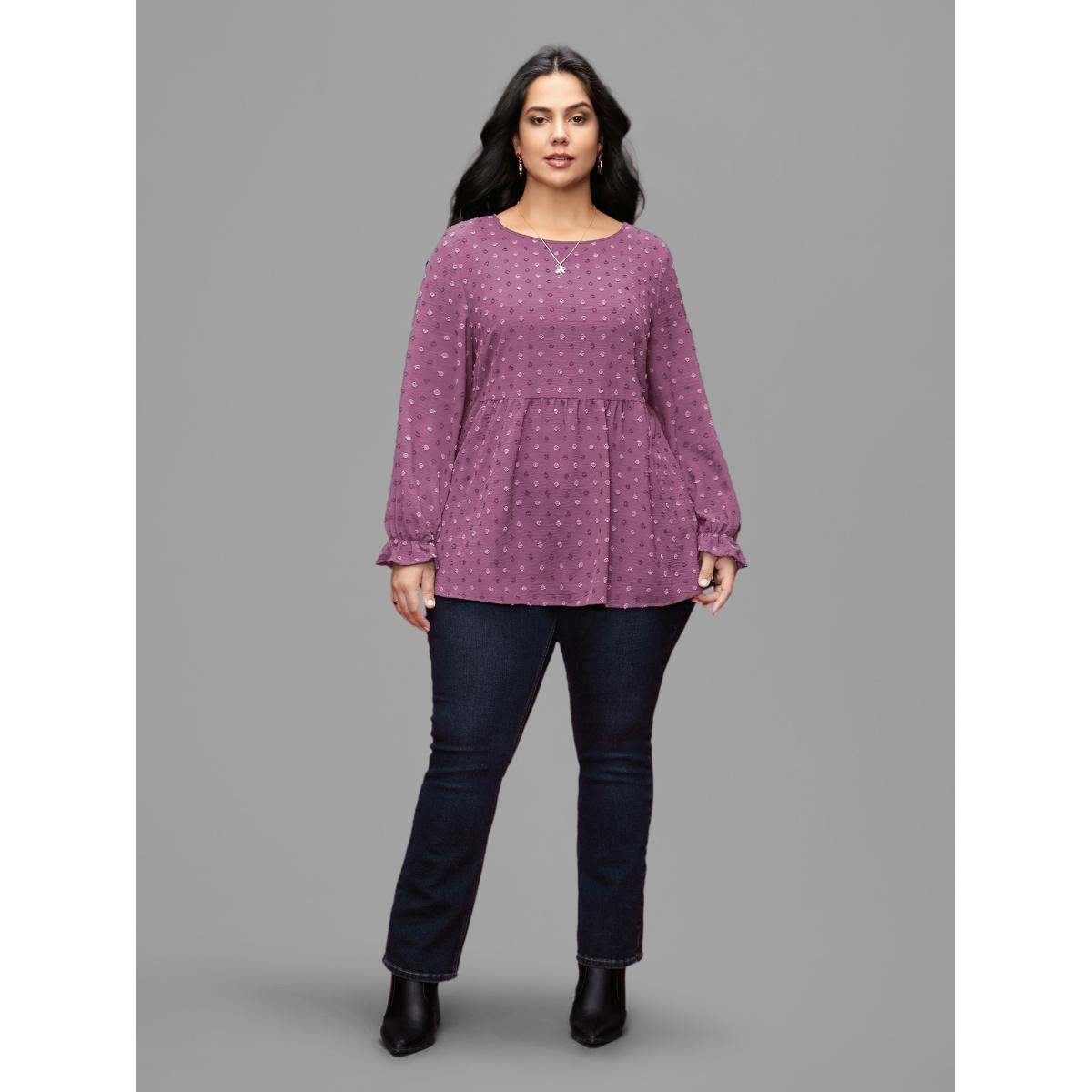 Plus Size Stone Textured Dot Elastic Cuffs A-line Blouse Women Leisure Long Sleeve Round Neck Casual Blouses BloomChic 10/M Product Image