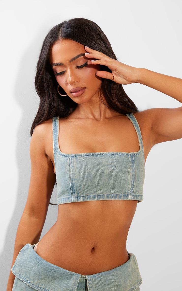 Petite Vintage Wash Denim Square Neck Extreme Crop Top Product Image