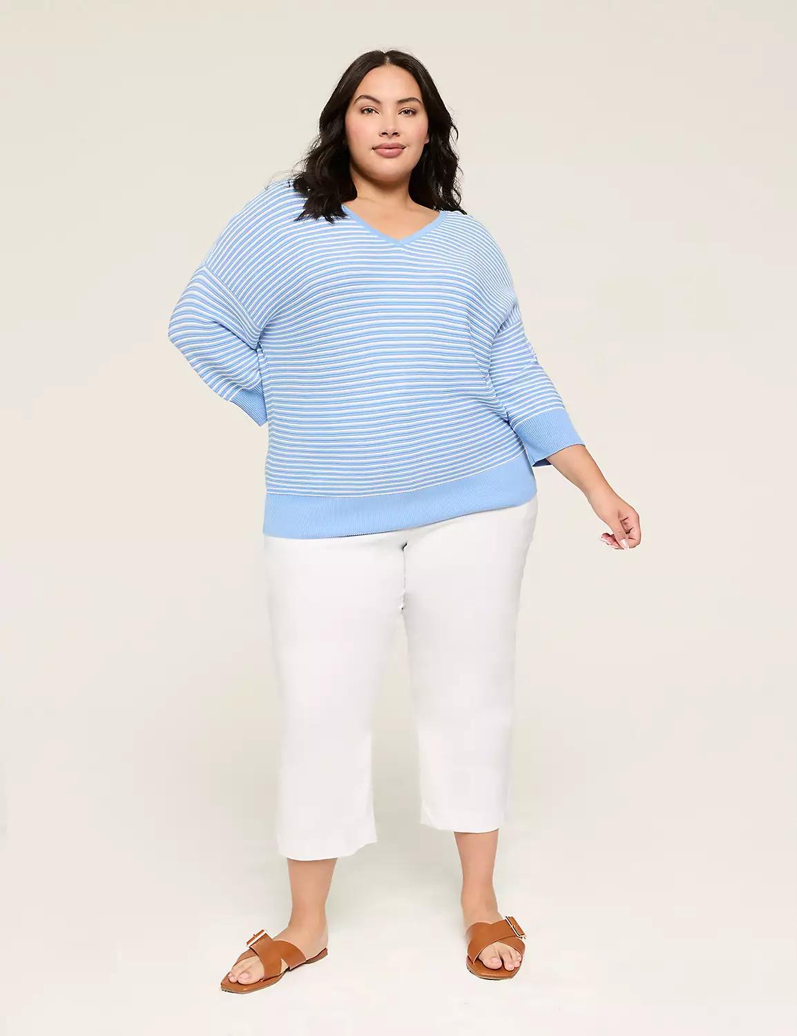 3/4-Sleeve V-Neck Striped Sweater Product Image