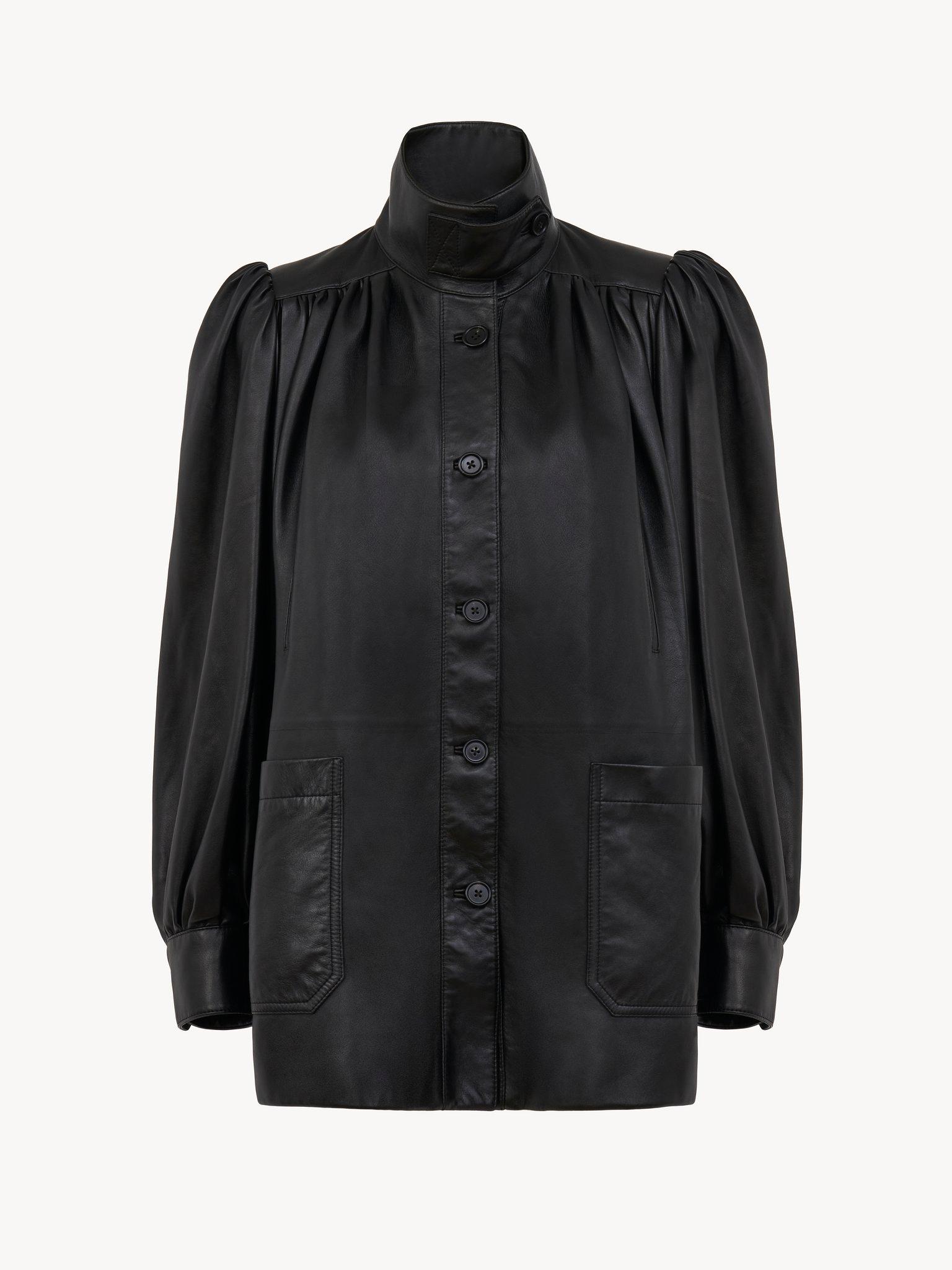 High-neck gathered coat in leather Product Image
