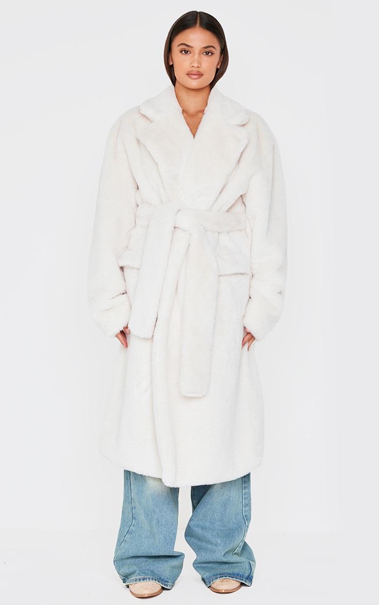 Cream Faux Fur Self Tie Oversized Coat Product Image