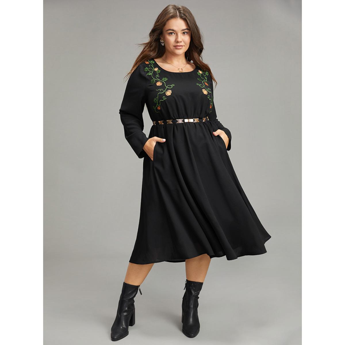 Plus Size Halloween Pumpkin Embroidered Pocket Dress Black Women Casual Embroidered Round Neck Long Sleeve Curvy Midi Dress BloomChic 14-16/1X Product Image
