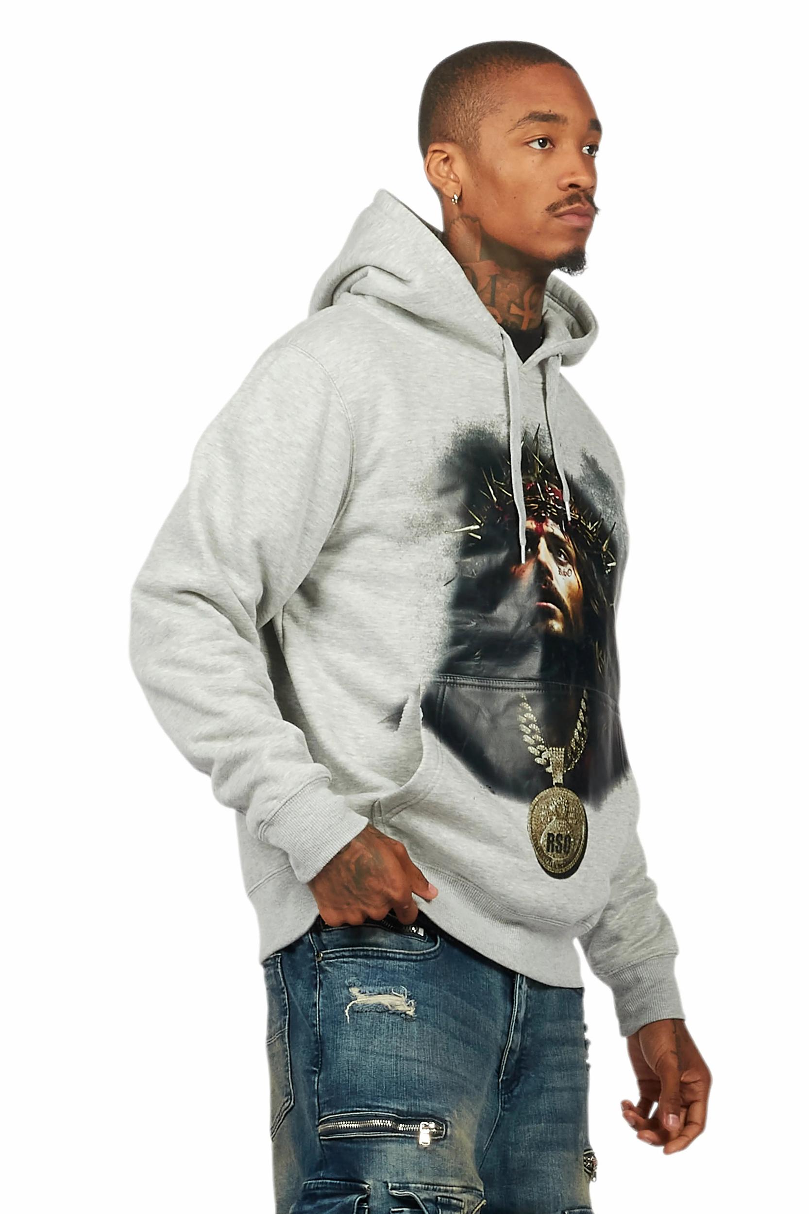 Amina Heather Grey Distressed Graphic Hoodie Male Product Image