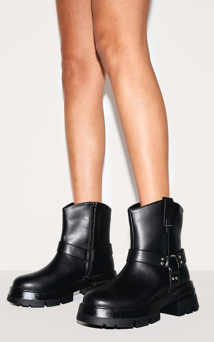 Black Wide Fit Cleated Sole Buckle Ring Detail Ankle Boots Product Image