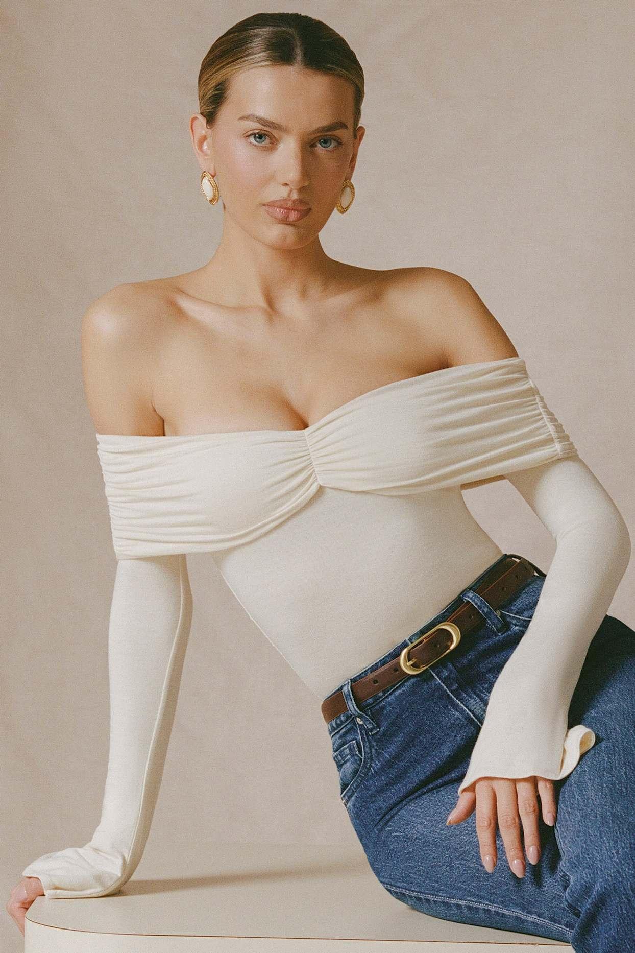 Modal-Cashmere Blend Off-Shoulder Ruched Top in Ivory Product Image