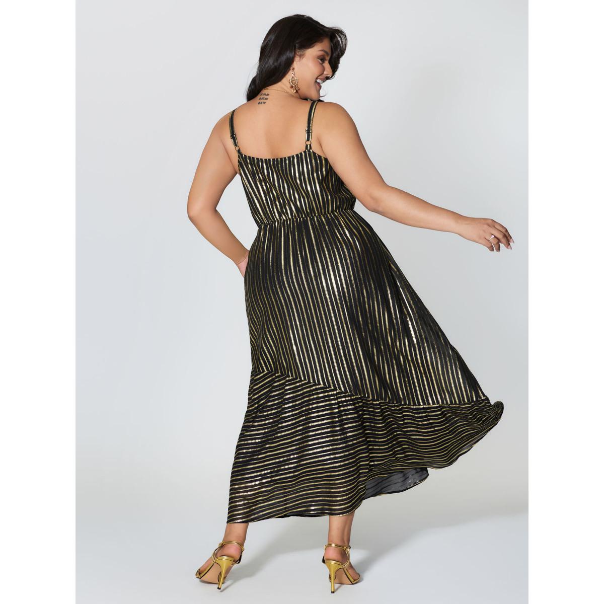 Plus Size Shimmery Adjustable Gold Stamped Maxi Dress Black Women Party&Cocktail Asymmetrical Neck Sleeveless Curvy BloomChic 26/4X Product Image