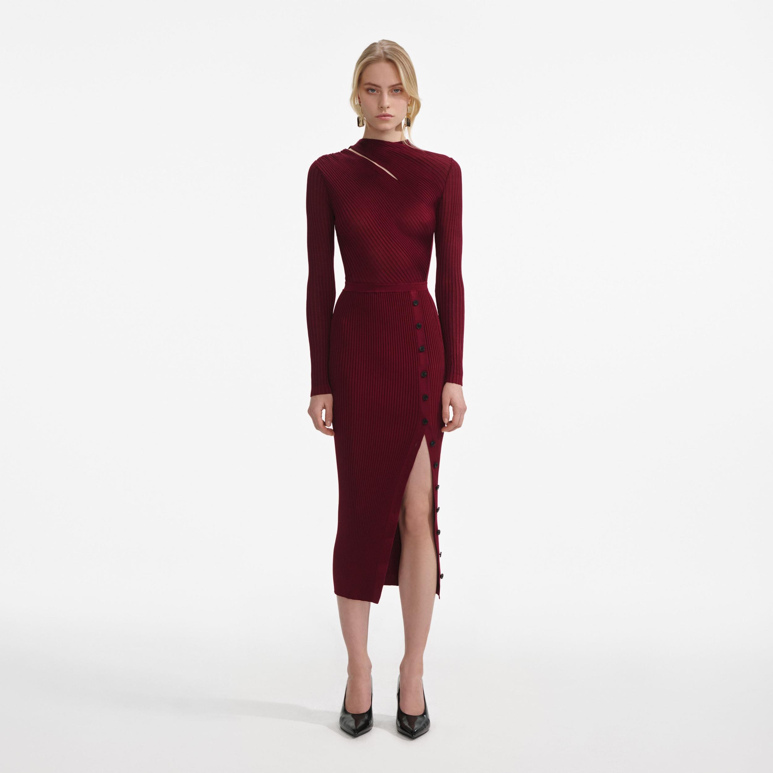 Burgundy Cut Out Rib Knit Midi Dress Product Image