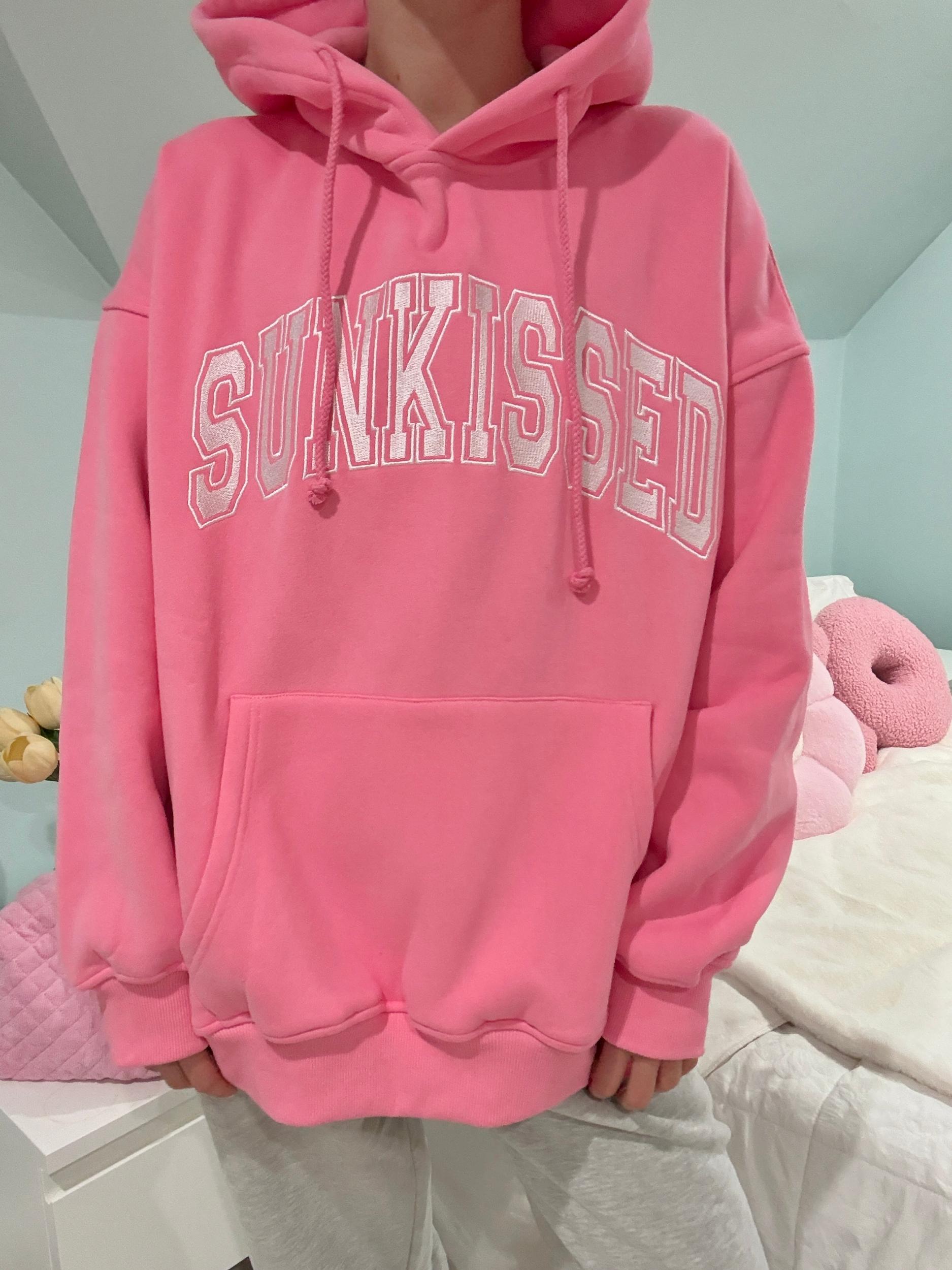 Hibiscus Pink Sunkissed Varsity Embroider Hoodie Product Image