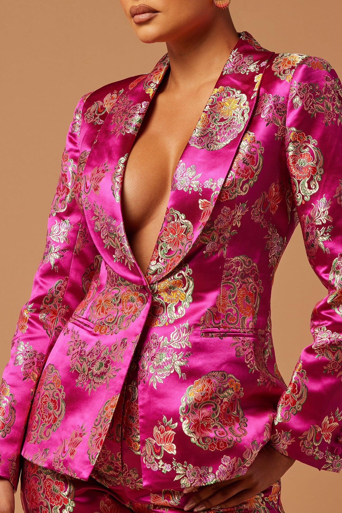 Margo Satin Embroidered Blazer Suit Set - Fuchsia Product Image