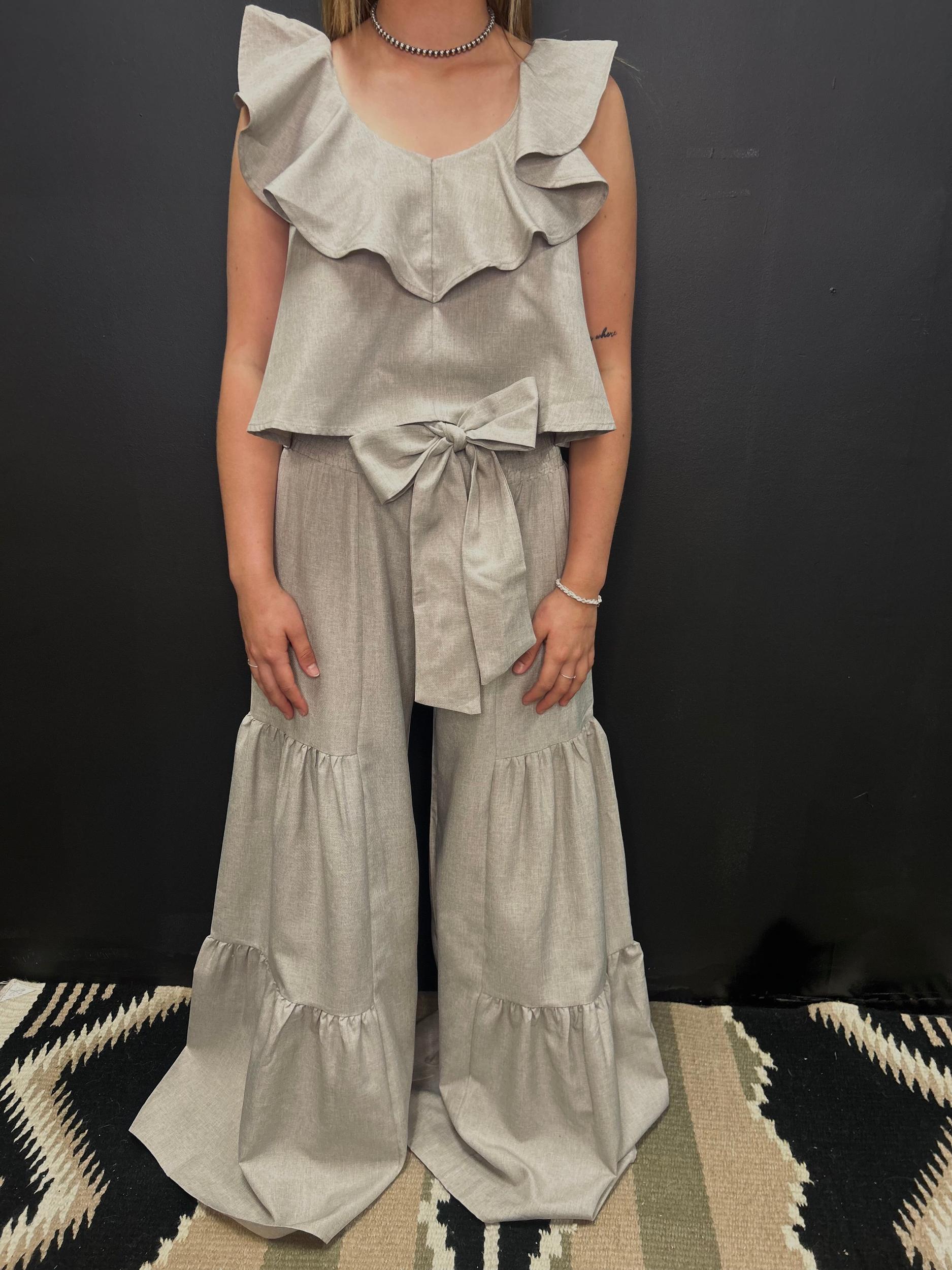 Oatmeal Smocking Waist  & Ruffled Crop Trop Set Product Image