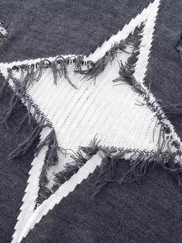 Men's Frayed Star Tattered Design Sweater Product Image