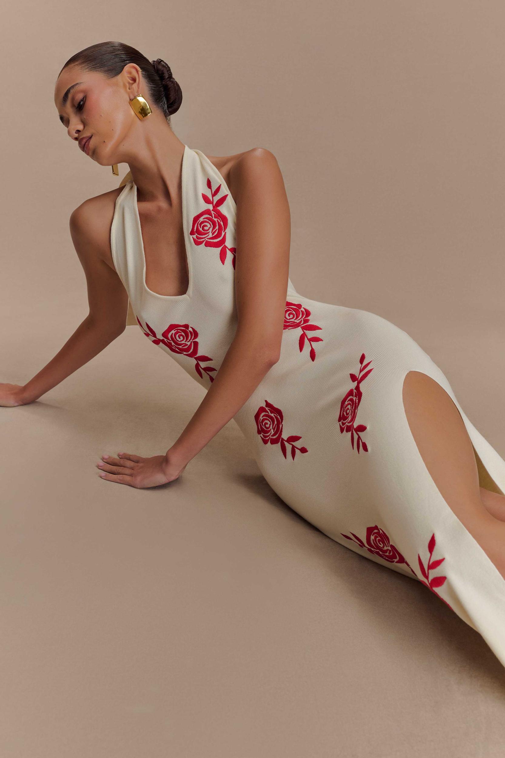 Shiloh Rose Knit Halter Maxi Dress - Ivory Product Image