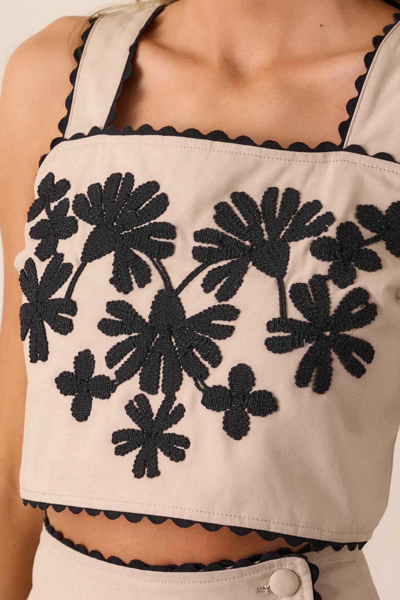 Take Me There Taupe Embroidered Floral Cropped Top Product Image