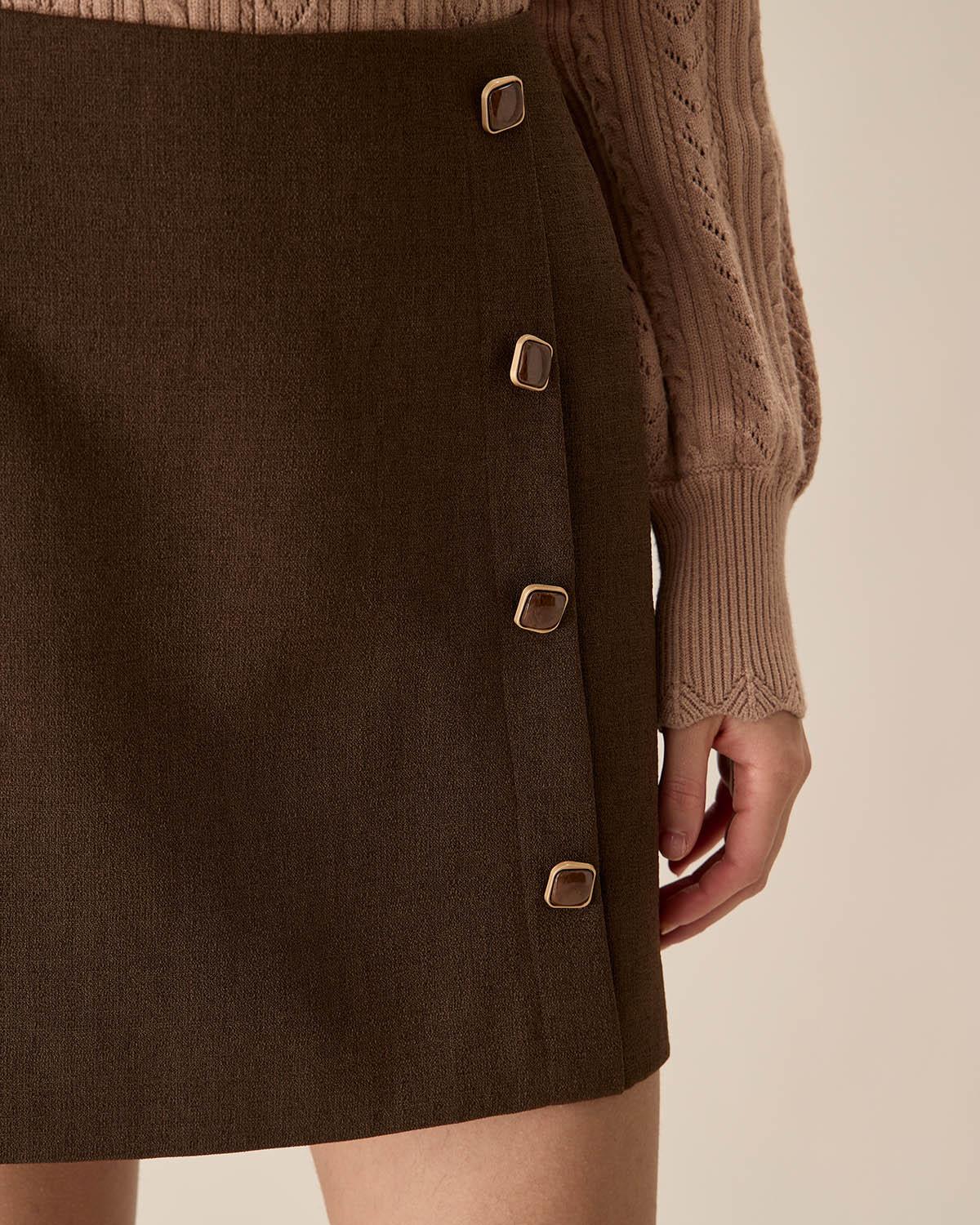 Coffee High-waisted Button Mini Skirt Product Image