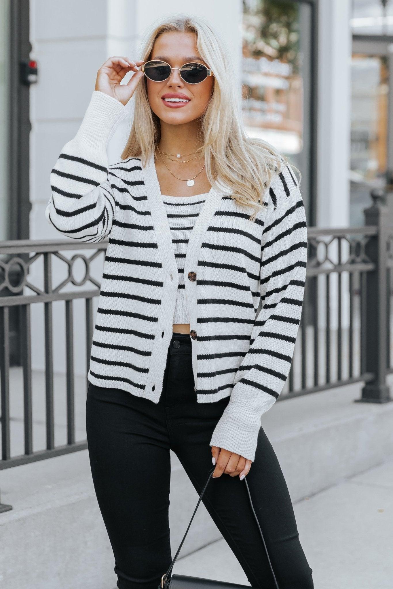 Natural And Black Striped Sweater Cardigan - FINAL SALE Female Product Image