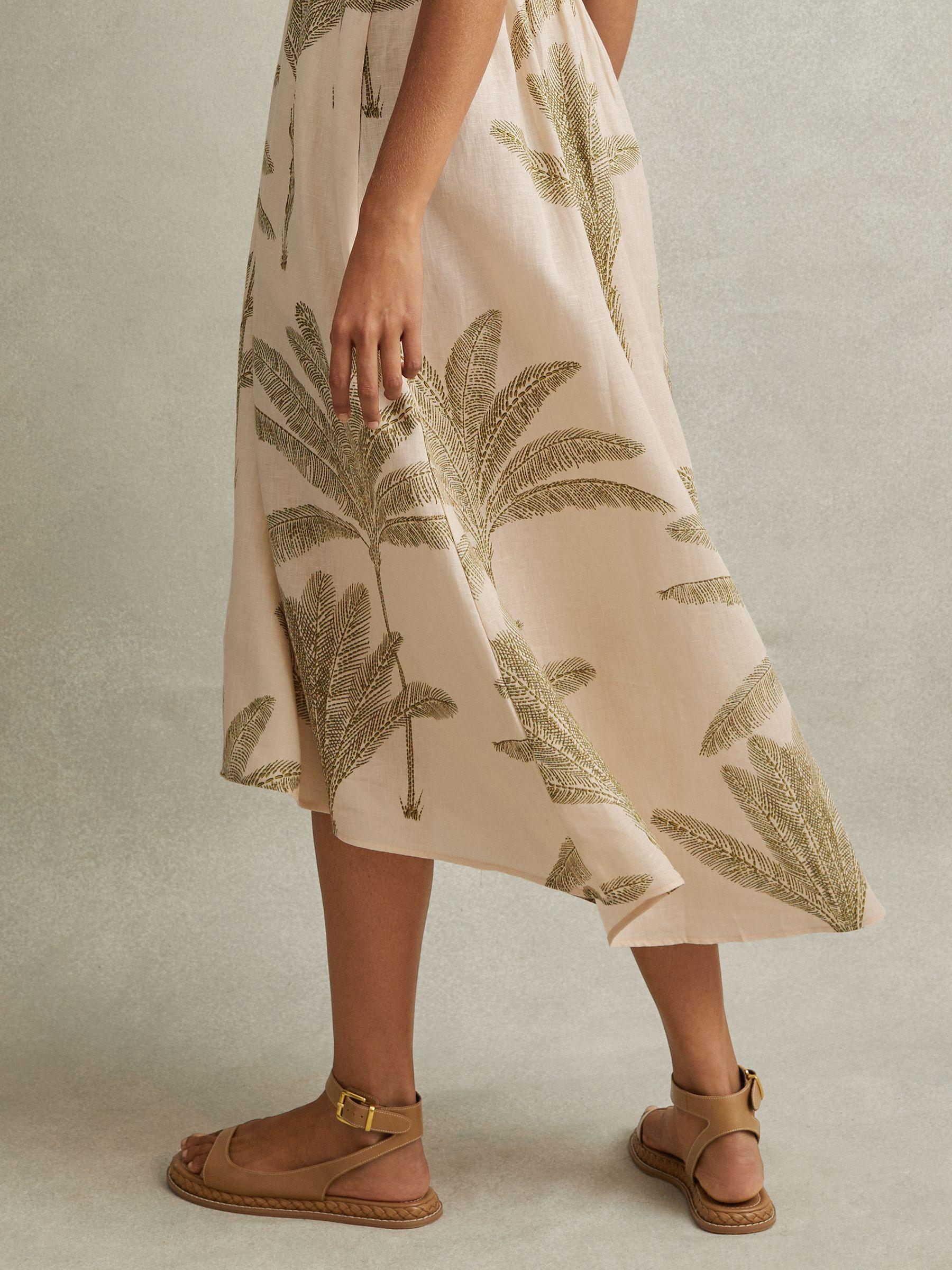 100% Linen Tropical Print Midi Dress in Neutral/Green Product Image