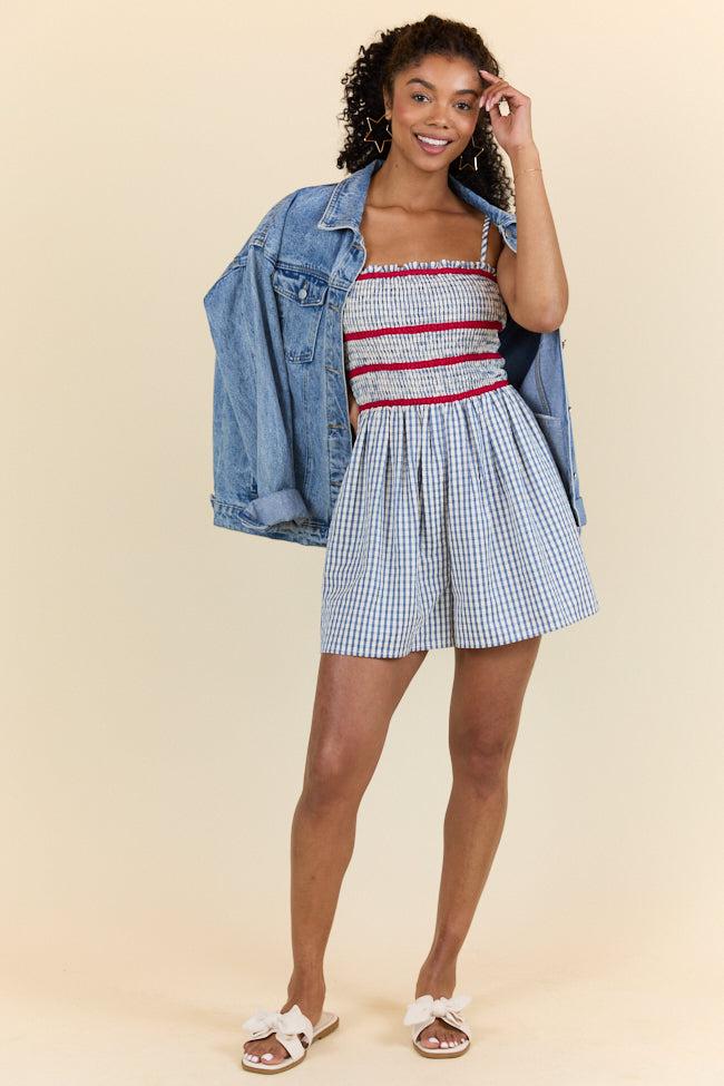 Simple Joy Smocked Seersucker Blue Plaid Romper FINAL SALE Product Image